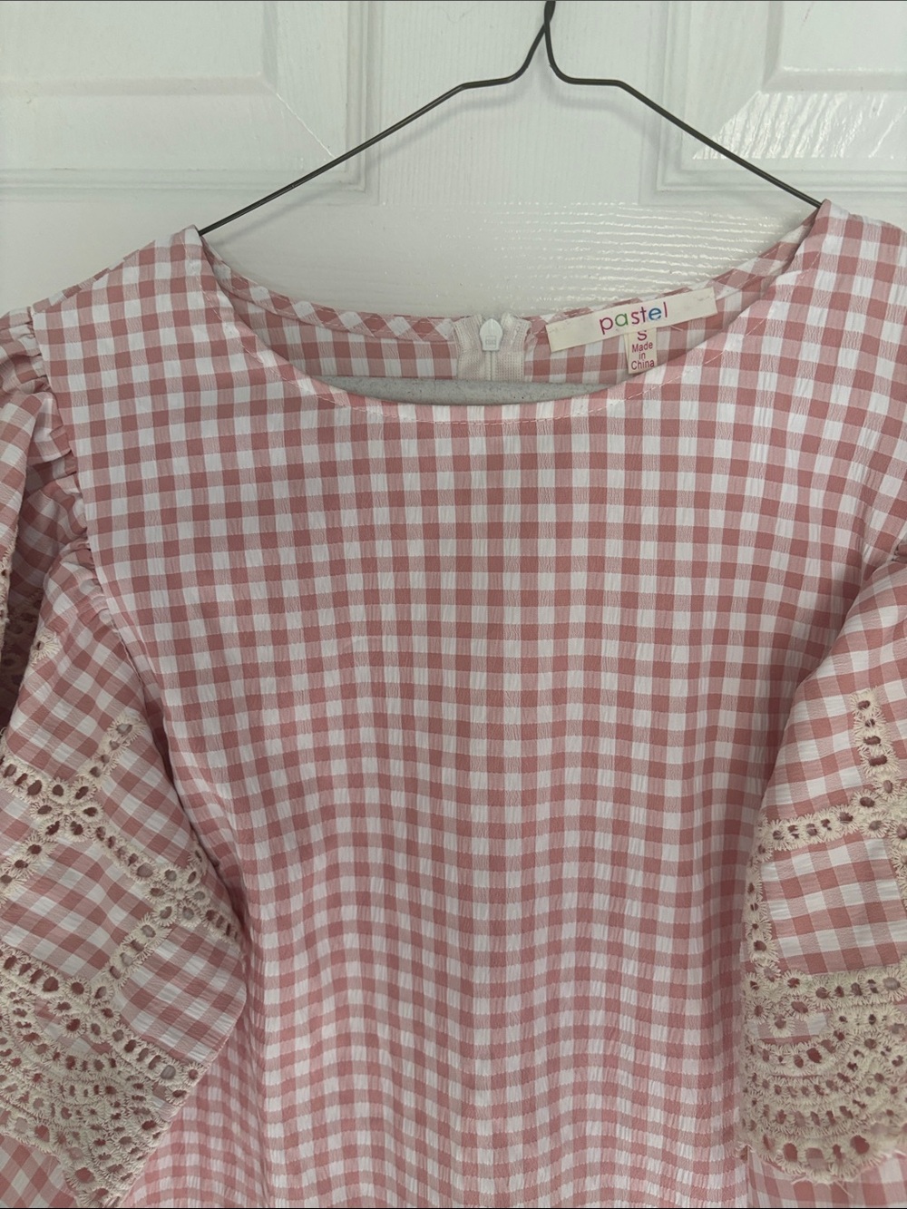 Pastels Pink Gingham Lace-Trim Blouse